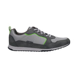 Side view of a dark gray bugatti Riptide comfort sneaker with green accents.
