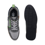 Bugatti Riptide dark gray sneakers, top and sole view. The sneakers are made of gray material with green and brown trim.