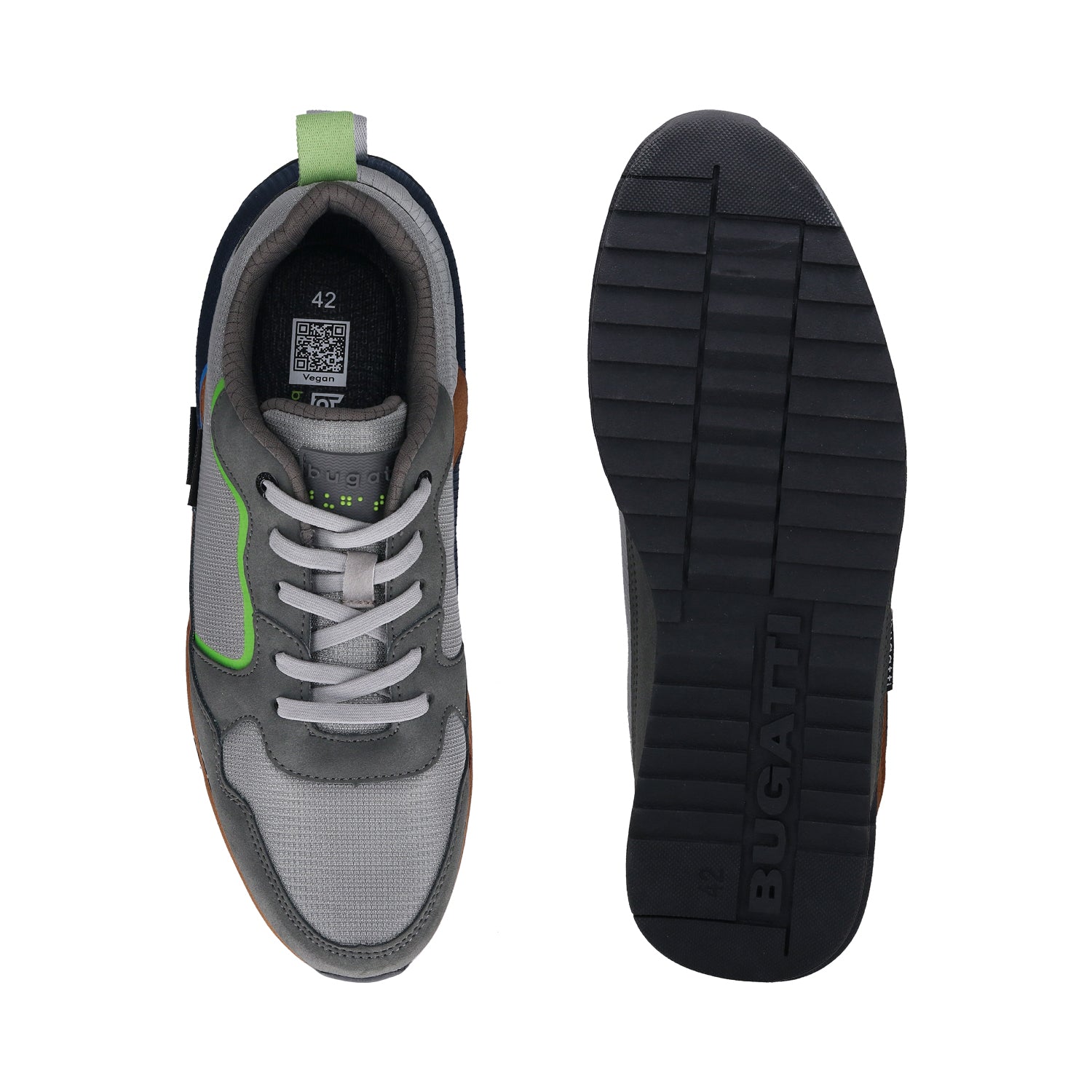 Bugatti Riptide dark gray sneakers, top and sole view. The sneakers are made of gray material with green and brown trim.