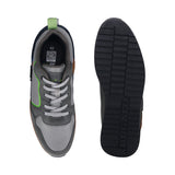 Bugatti Riptide dark gray sneakers, top and sole view. The sneakers are made of gray material with green and brown trim.