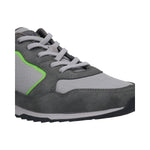 Cropped view of a bugatti Riptide sneaker in dark gray featuring gray laces and a green accent stripe.
