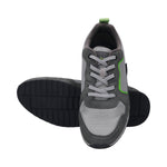 bugatti Riptide comfort sneakers in dark gray, featuring a light gray mesh and suede upper with lime green accents.