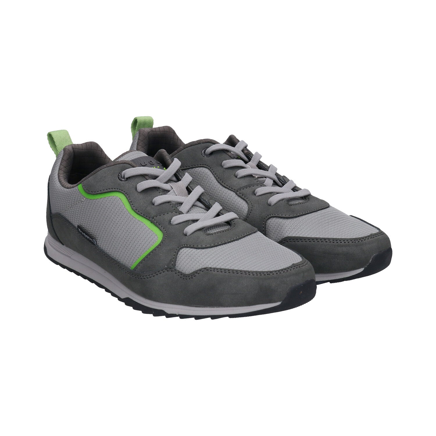bugatti Riptide dark gray sneakers with gray laces and green accents.