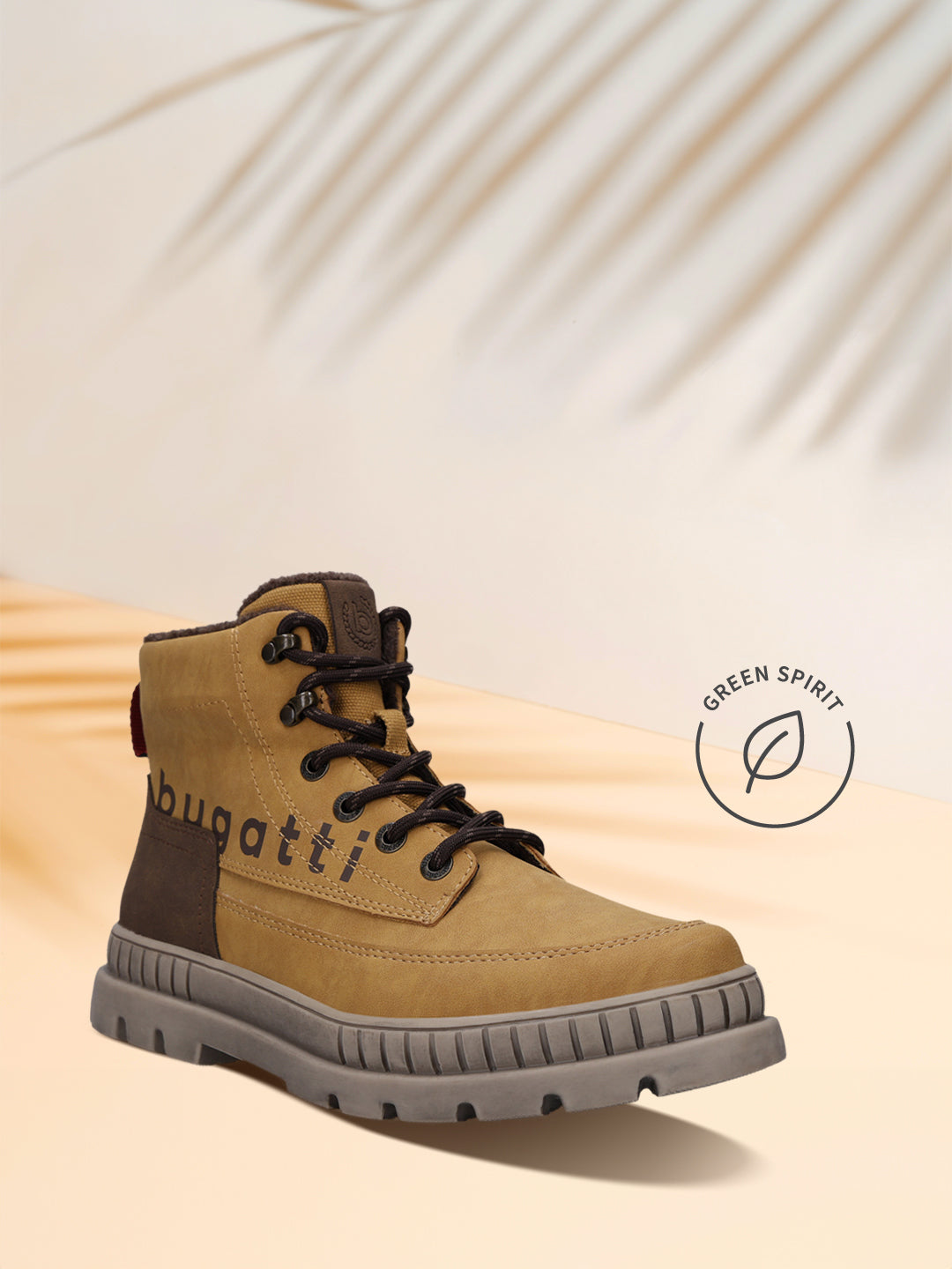 Bugatti Pallario beige casual boot with a lug sole, black laces, and the brand name embossed on the side.