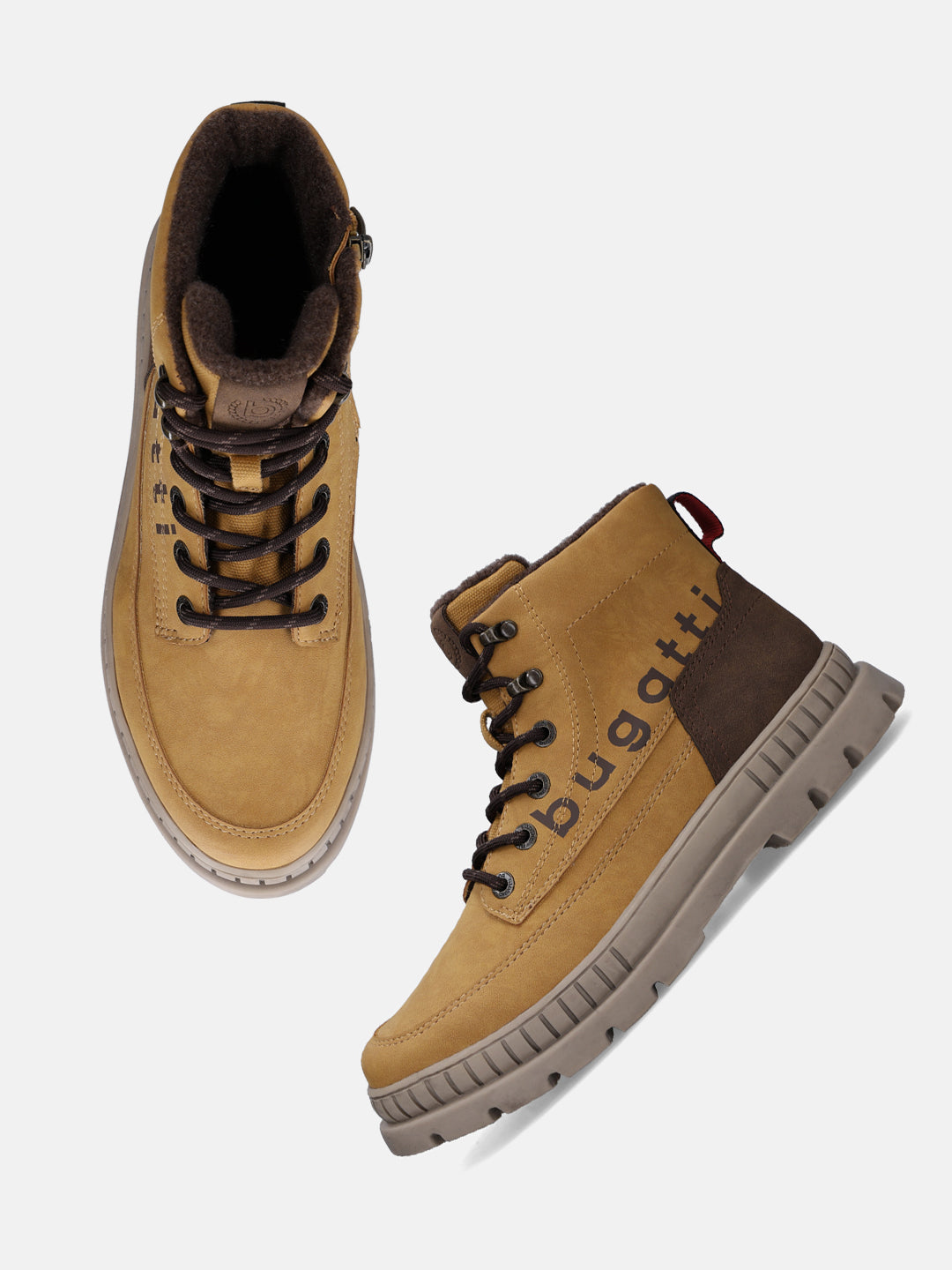 Bugatti Pallario beige boots with dark brown laces, a tan sole, and a dark brown accent piece.