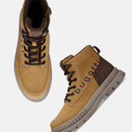 Bugatti Pallario beige boots with dark brown laces, a tan sole, and a dark brown accent piece.