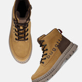 Bugatti Pallario beige boots with dark brown laces, a tan sole, and a dark brown accent piece.