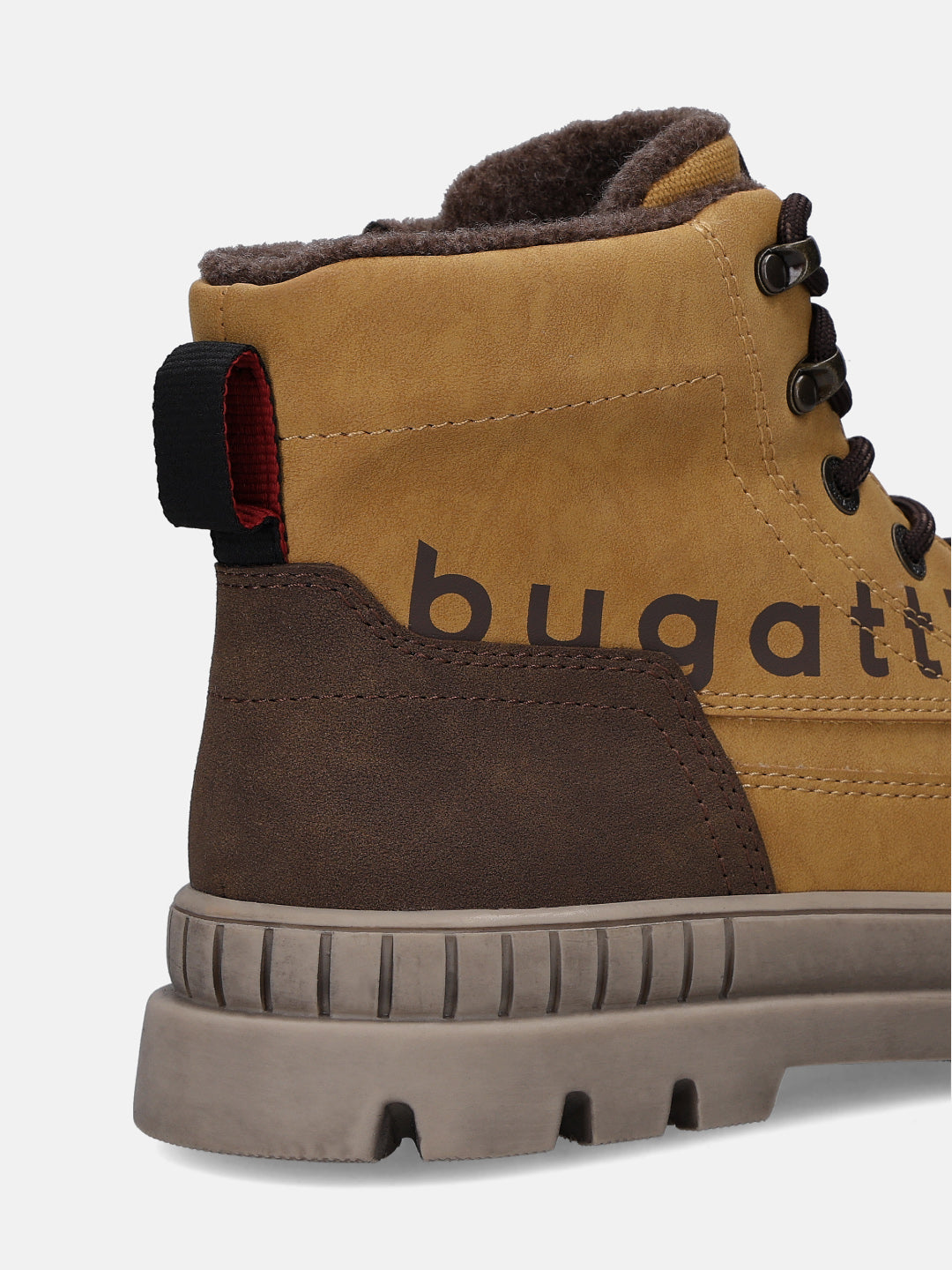 Cropped view of a beige Bugatti comfort casual boot with brown accents, a rugged sole, and a pull tab.
