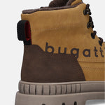 Cropped view of a beige Bugatti comfort casual boot with brown accents, a rugged sole, and a pull tab.
