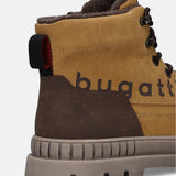 Cropped view of a beige Bugatti comfort casual boot with brown accents, a rugged sole, and a pull tab.
