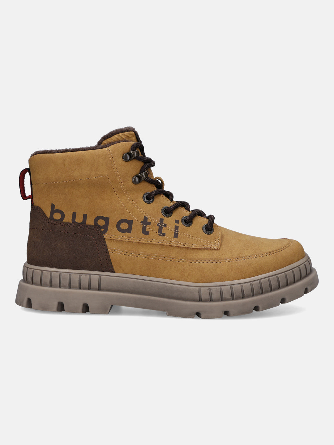 Side view of a Bugatti Pallario beige boot with brown accents, featuring a lace-up closure and a rugged sole.
