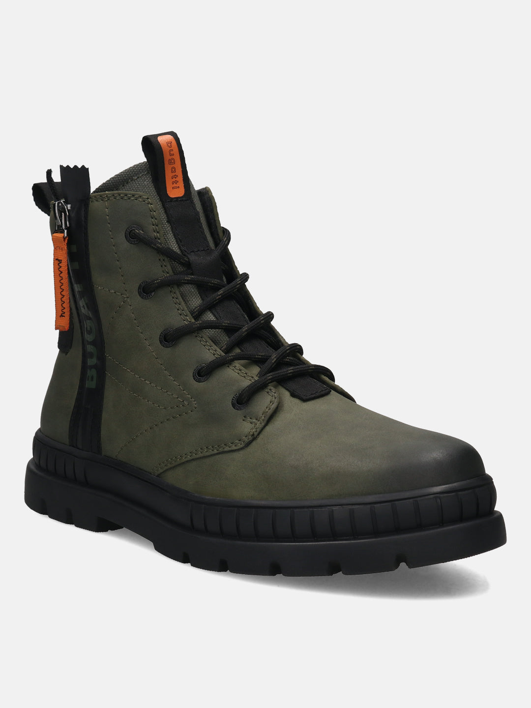 A green Men's bugatti Casual Boots featuring a round toe plain toe, stacked heel. Made from synthetic with a durable tpr outsole, this zipper design offers both style and comfort.
