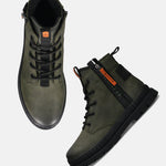 A green Men's bugatti Casual Boots featuring a round toe plain toe, stacked heel. Made from synthetic with a durable tpr outsole, this zipper design offers both style and comfort.