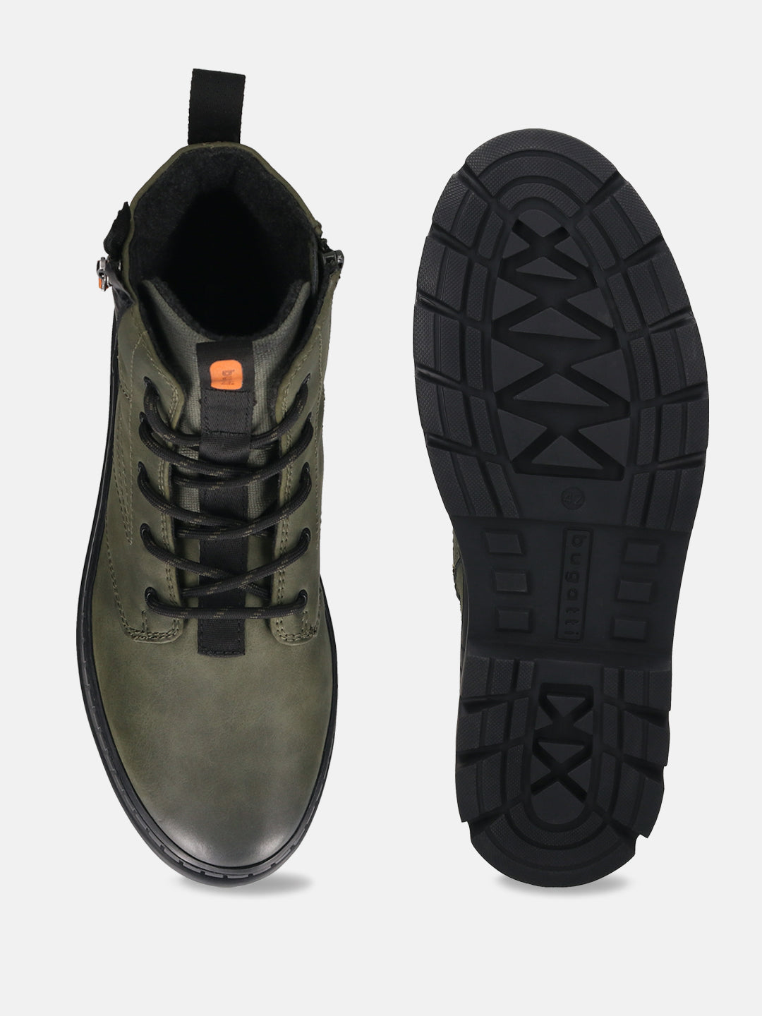 A green Men's bugatti Casual Boots featuring a round toe plain toe, stacked heel. Made from synthetic with a durable tpr outsole, this zipper design offers both style and comfort.