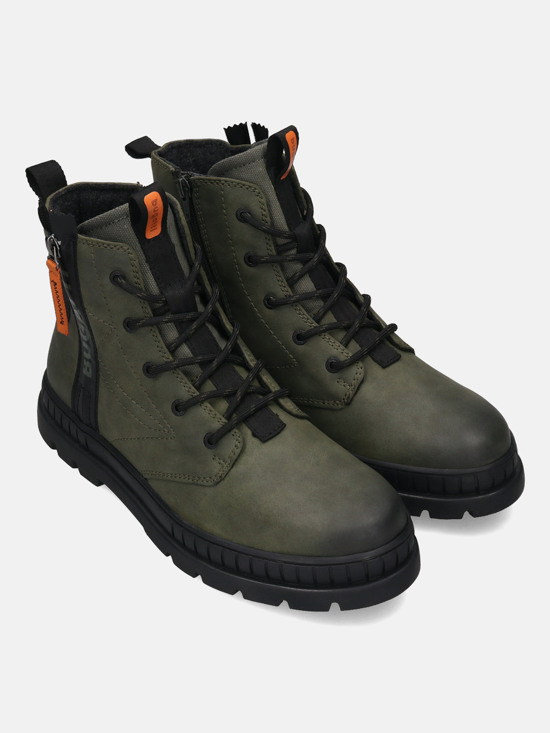 A green Men's bugatti Casual Boots featuring a round toe plain toe, stacked heel. Made from synthetic with a durable tpr outsole, this zipper design offers both style and comfort.