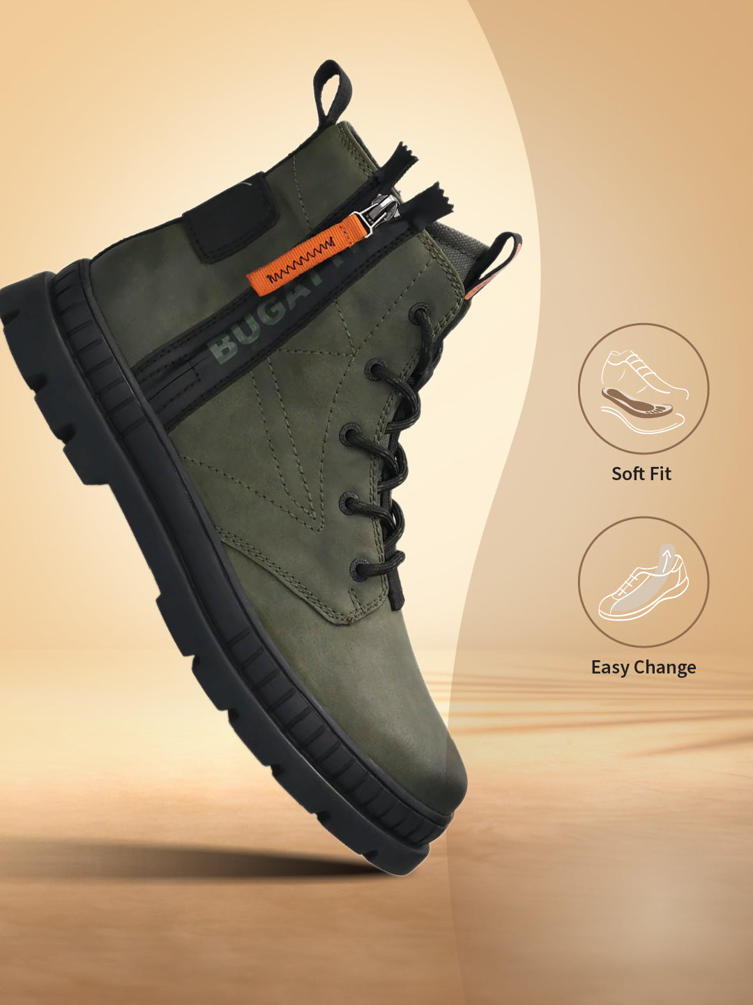 A green Men's bugatti Casual Boots featuring a round toe plain toe, stacked heel. Made from synthetic with a durable tpr outsole, this zipper design offers both style and comfort.