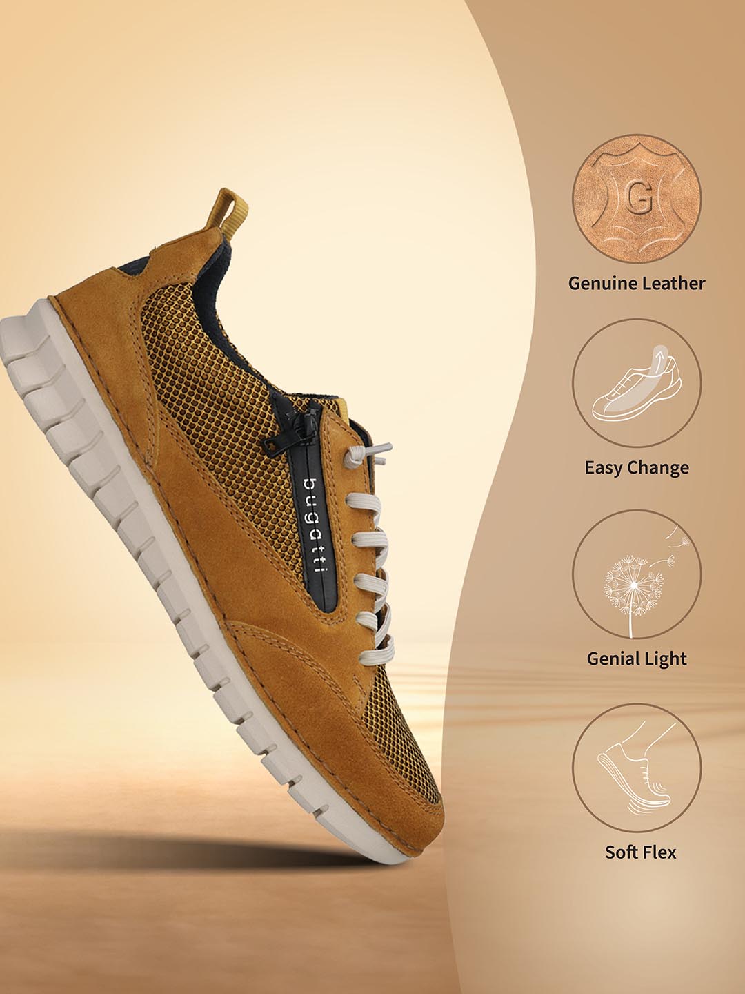 Yellow premium leather comfort sneakers by bugatti with breathable mesh and white laces.