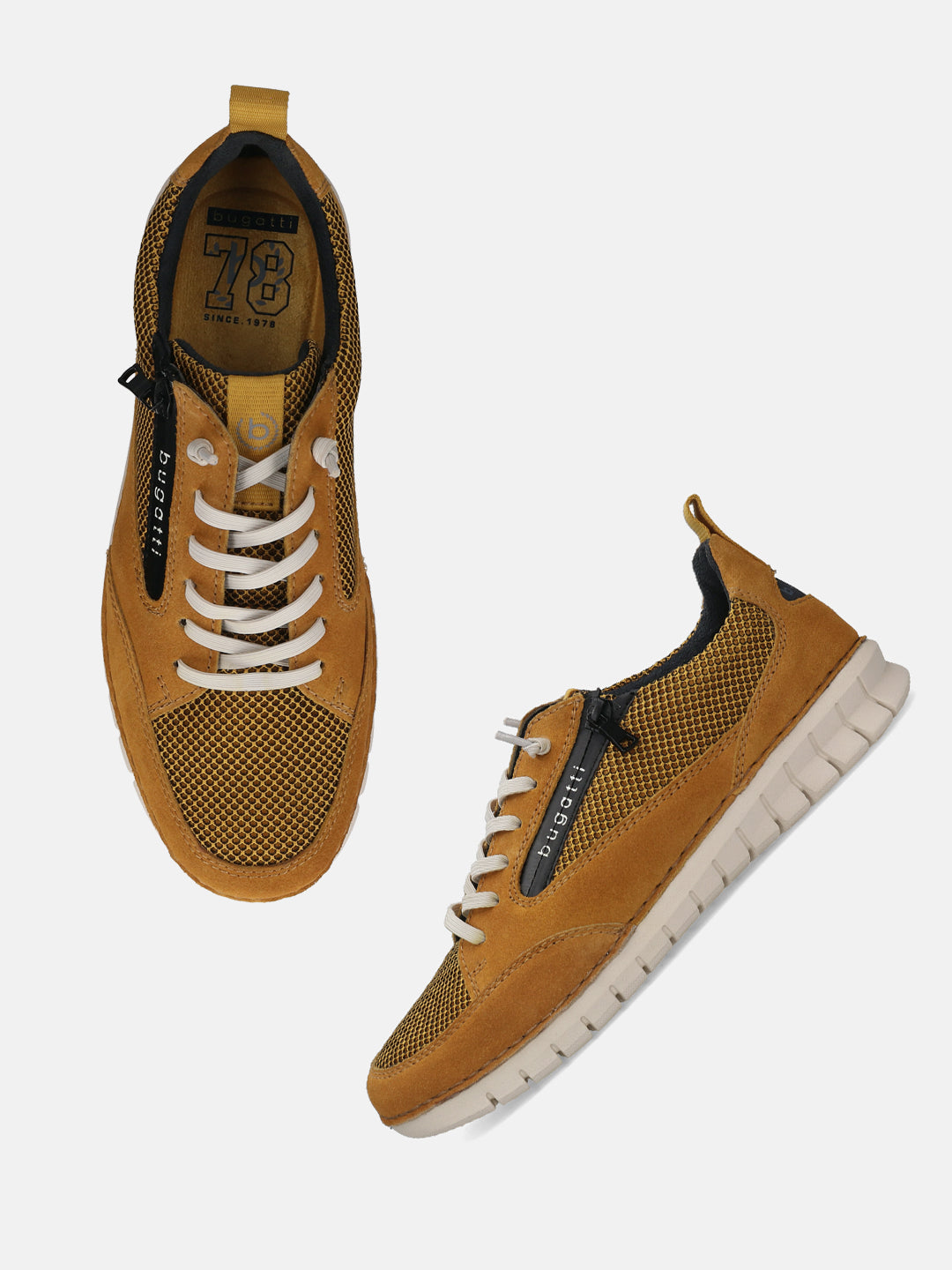 Yellow leather comfort sneakers by bugatti, with white laces and a tan sole.