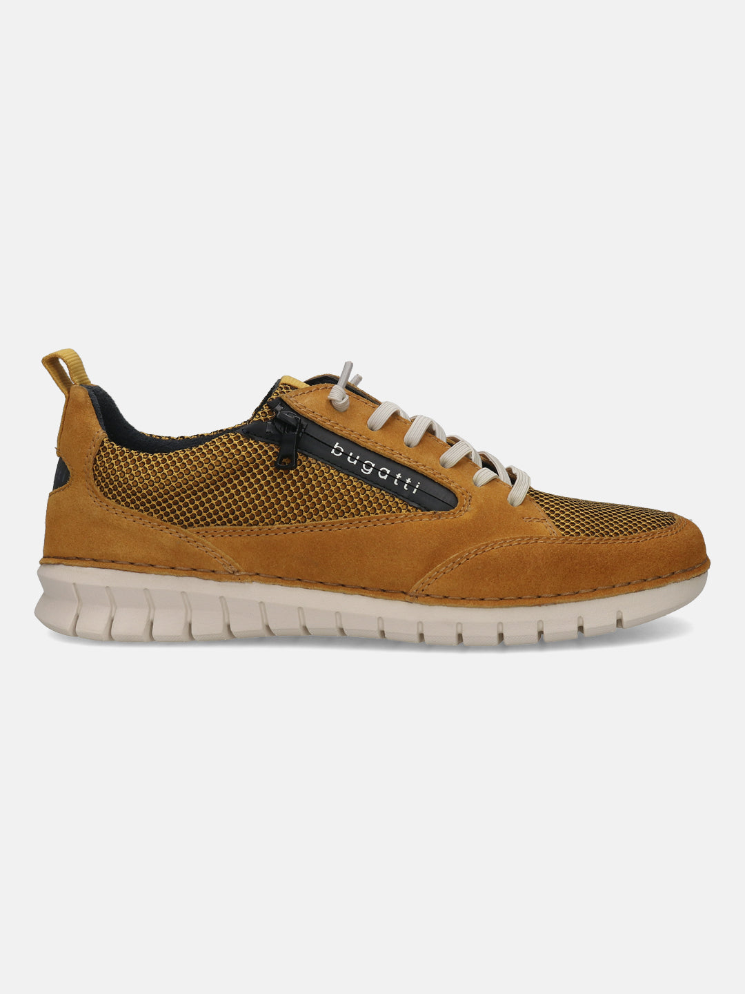 Yellow leather sneaker by bugatti featuring mesh detailing, white laces, and a ridged white sole.