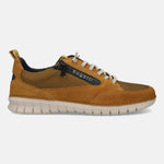Yellow leather sneaker by bugatti featuring mesh detailing, white laces, and a ridged white sole.