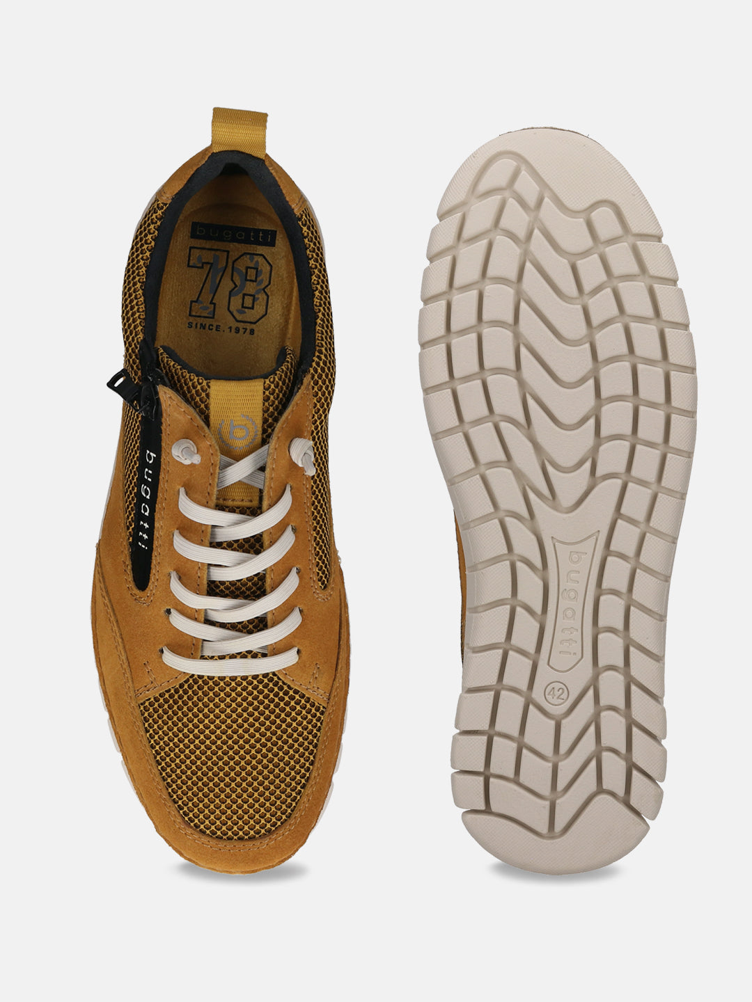 Yellow leather sneakers by Bugatti, showcasing a white sole, textured upper, and white laces.