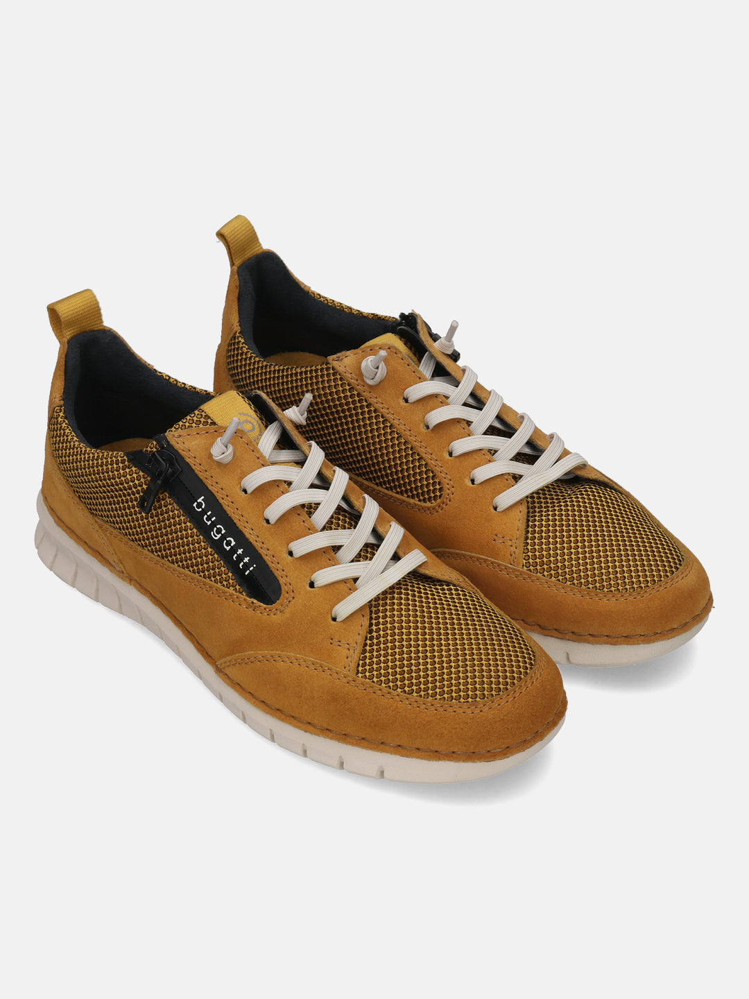 Yellow leather sneakers by bugatti, featuring white laces and tonal mesh accents.