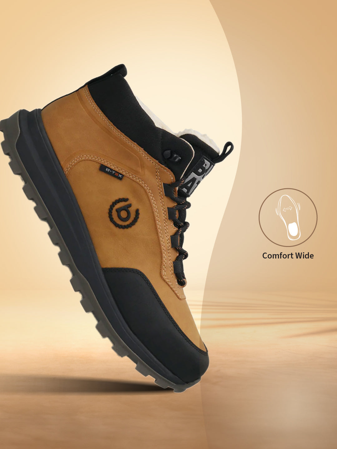 Cognac comfort sneaker by bugatti with black accents and a lug sole, shown at an angle.