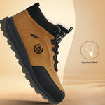 Cognac comfort sneaker by bugatti with black accents and a lug sole, shown at an angle.