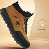 Cognac comfort sneaker by bugatti with black accents and a lug sole, shown at an angle.