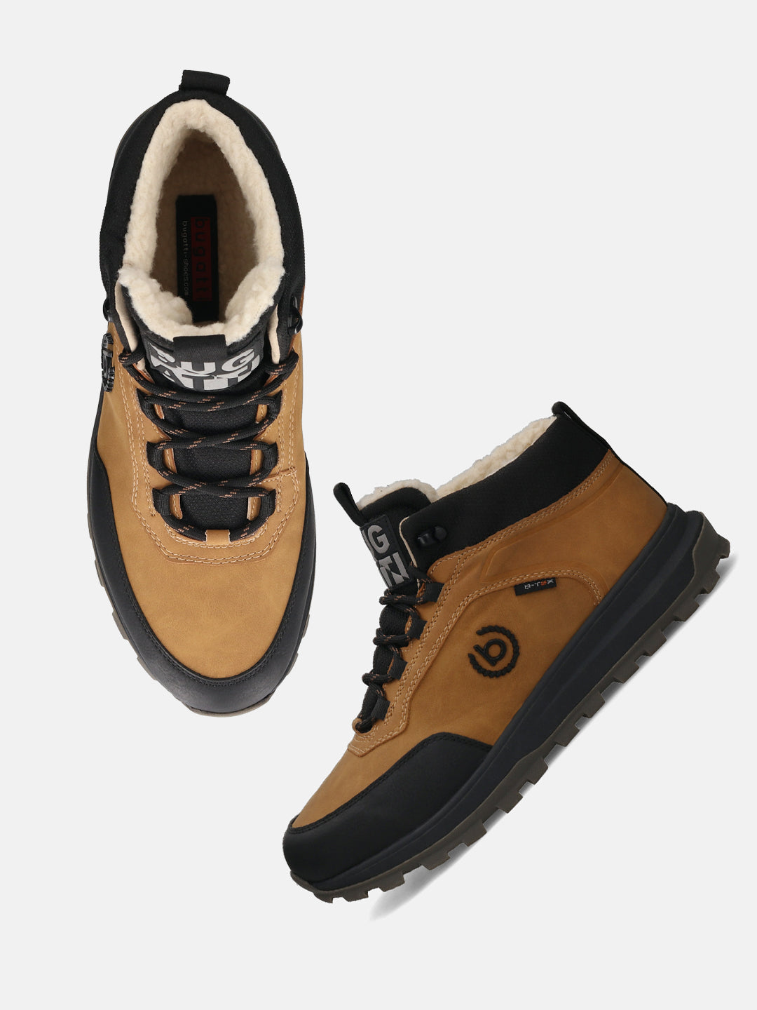 Cognac comfort sneakers by bugatti, with black accents and faux fur lining.