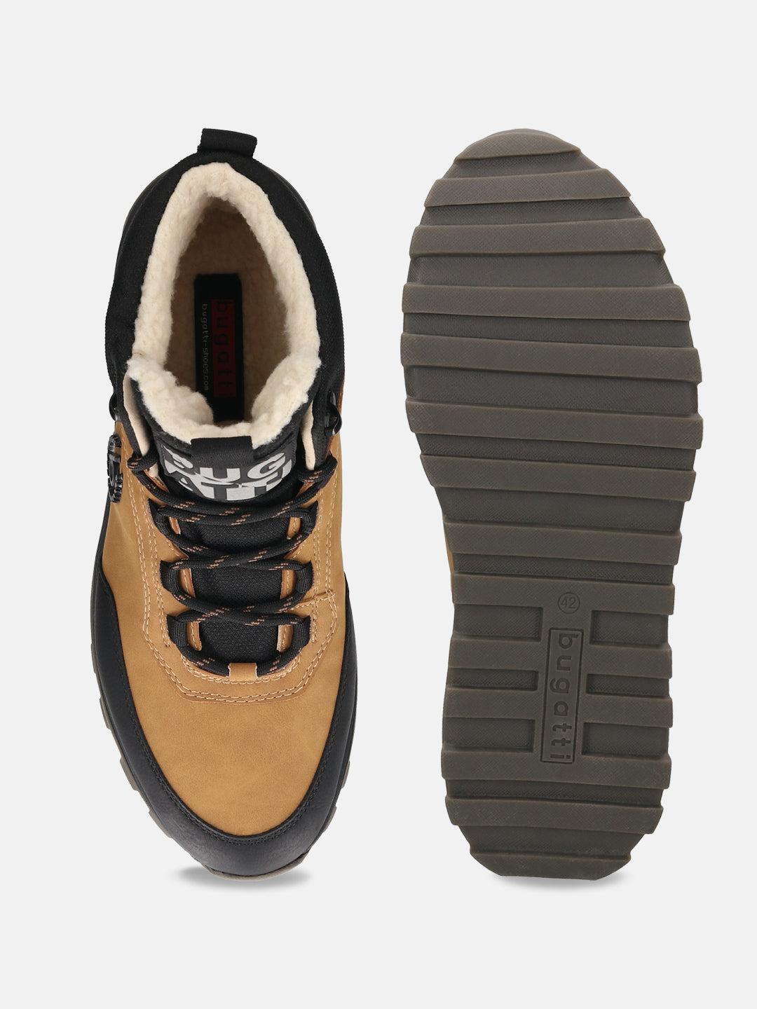 Cognac comfort sneakers by bugatti, with black laces and padded fleece lining.