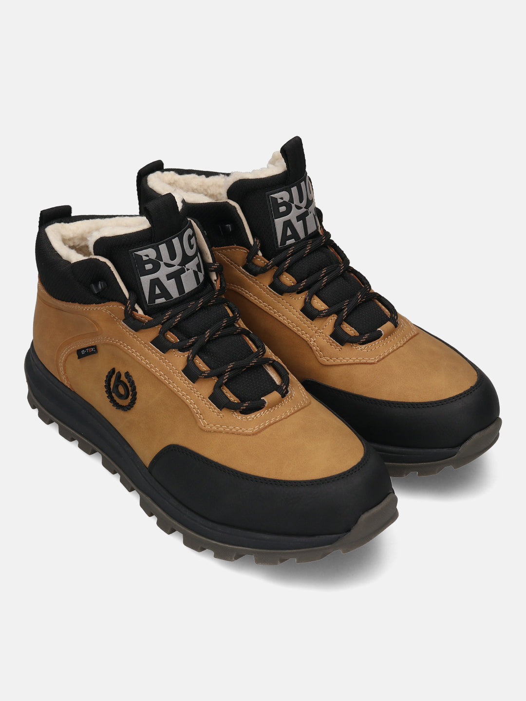 Cognac comfort sneakers by Bugatti with black trim and patterned laces.