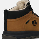 Cognac comfort sneaker by bugatti with a black trim and a fuzzy white lining, shown in a close-up back view.