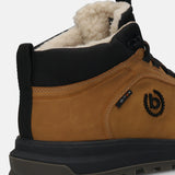 Cognac comfort sneaker by bugatti with a black trim and a fuzzy white lining, shown in a close-up back view.