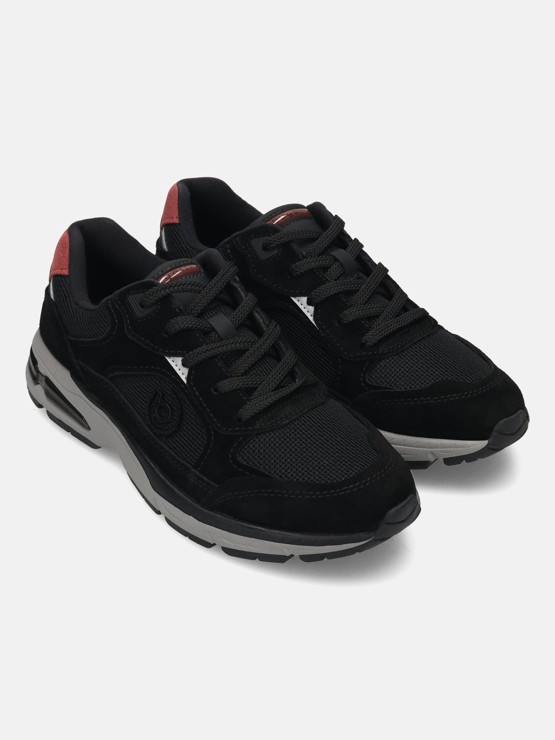 bugatti Parry black athleisure sneakers with premium leather and suede details, plus a gray sole.

