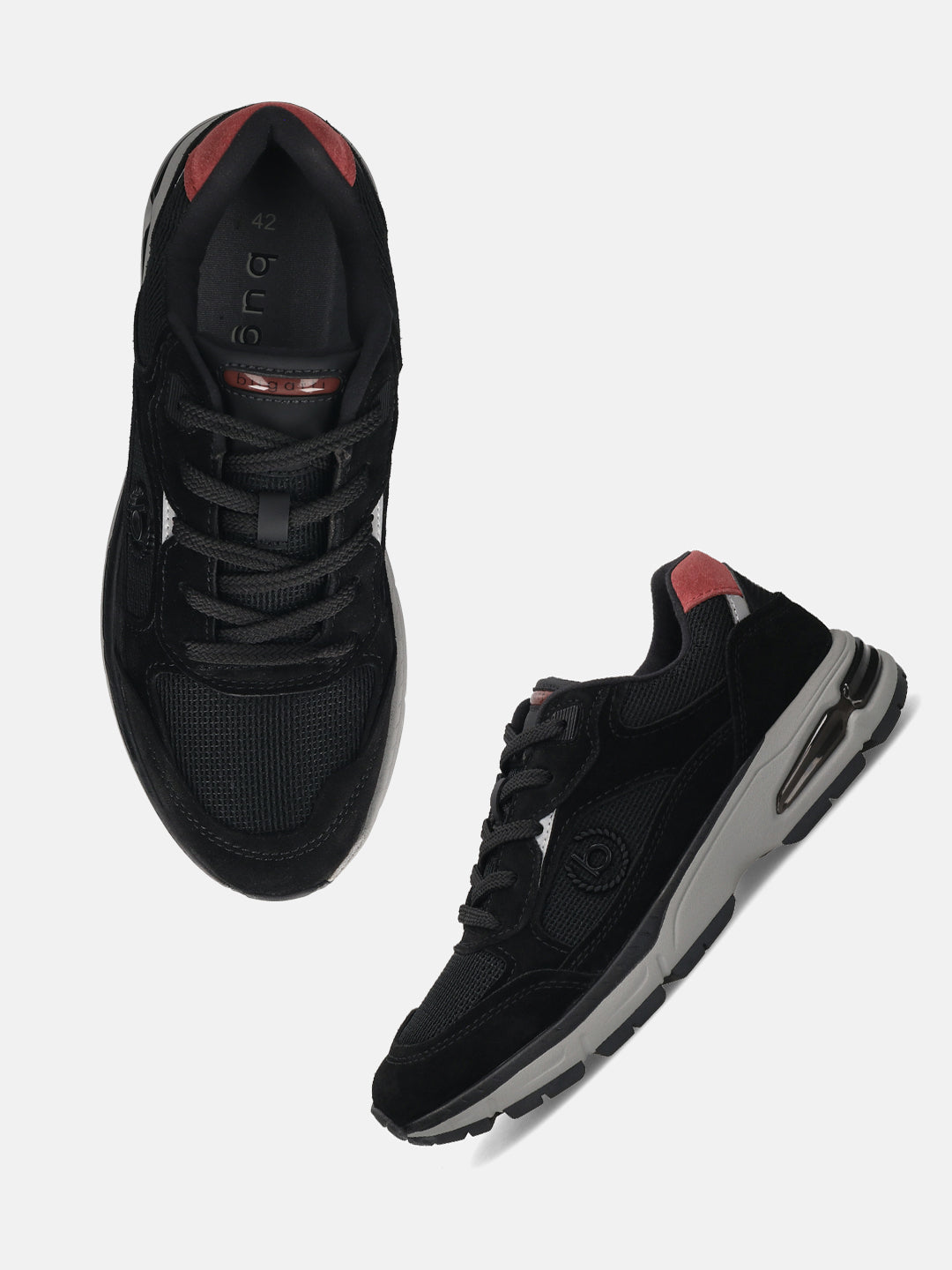 Bugatti Parry black premium leather comfort athleisure sneakers, shown from above and side.
