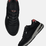 Bugatti Parry black premium leather comfort athleisure sneakers, shown from above and side.
