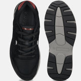 bugatti Parry black athleisure sneakers, featuring a combination of leather, mesh, and synthetic materials, with a black sole.