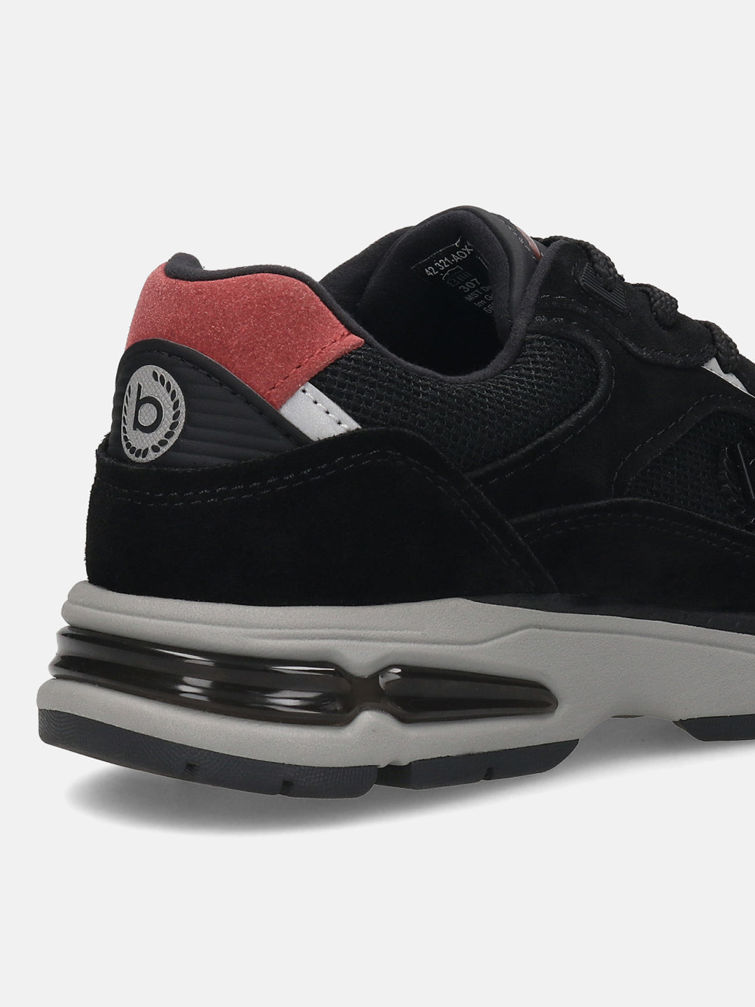 Back view of a bugatti Parry black premium leather sneaker with a red suede heel counter and a gray midsole.