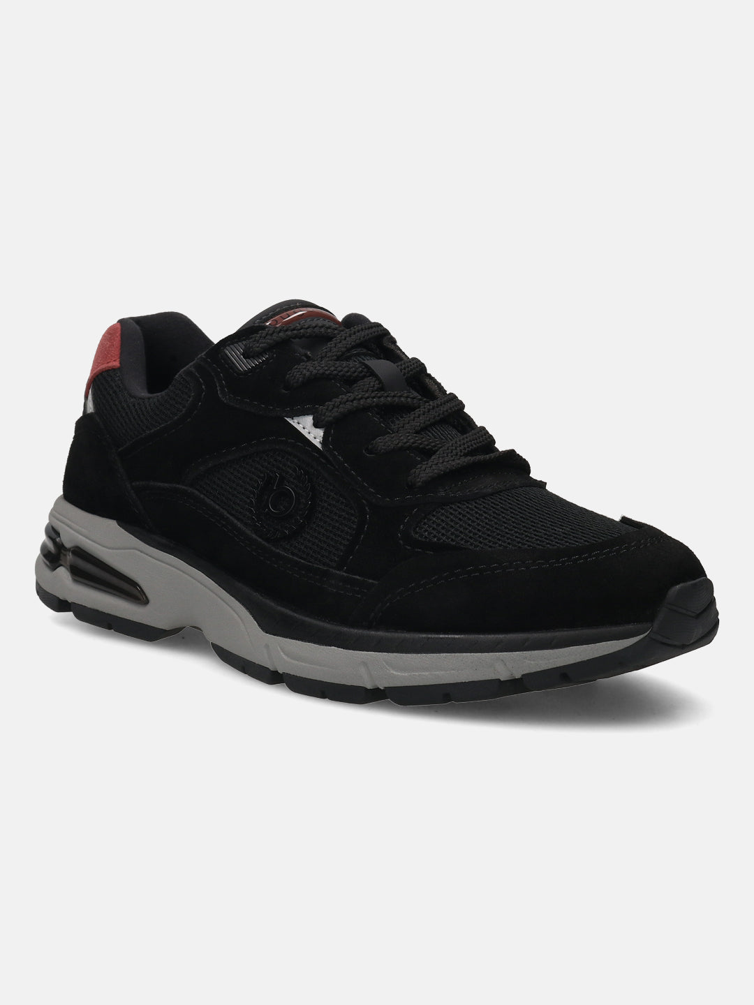 bugatti Parry black premium leather sneakers featuring a gray sole and red accent.