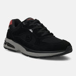 bugatti Parry black premium leather sneakers featuring a gray sole and red accent.