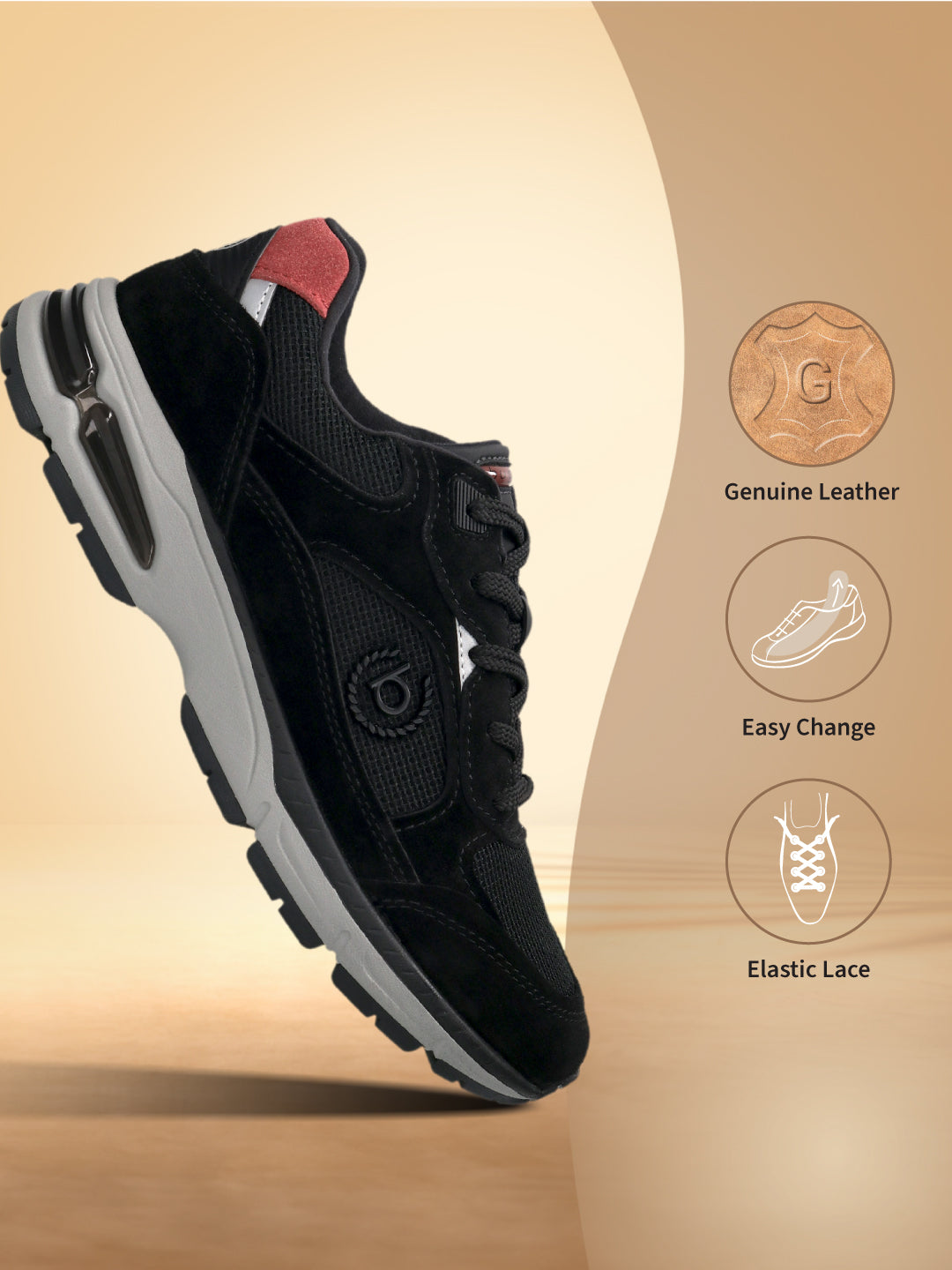 bugatti Parry black athleisure sneaker featuring a leather and mesh upper, elastic laces, and a gray sole.
