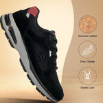 bugatti Parry black athleisure sneaker featuring a leather and mesh upper, elastic laces, and a gray sole.
