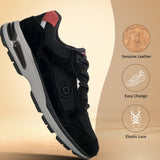 bugatti Parry black athleisure sneaker featuring a leather and mesh upper, elastic laces, and a gray sole.
