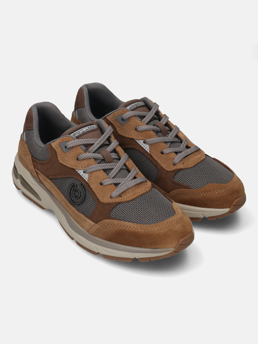 bugatti Parry cognac premium leather sneakers in a brown suede and mesh athleisure style.