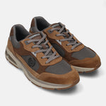 bugatti Parry cognac premium leather sneakers in a brown suede and mesh athleisure style.
