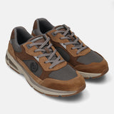 bugatti Parry cognac premium leather sneakers in a brown suede and mesh athleisure style.