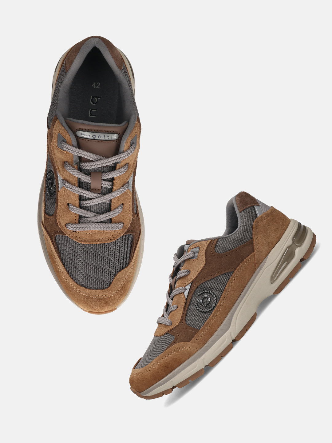 bugatti Parry cognac athleisure sneakers with brown suede and breathable gray mesh.
