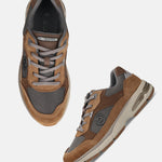 bugatti Parry cognac athleisure sneakers with brown suede and breathable gray mesh.
