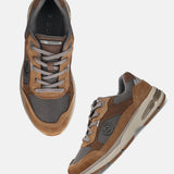 bugatti Parry cognac athleisure sneakers with brown suede and breathable gray mesh.
